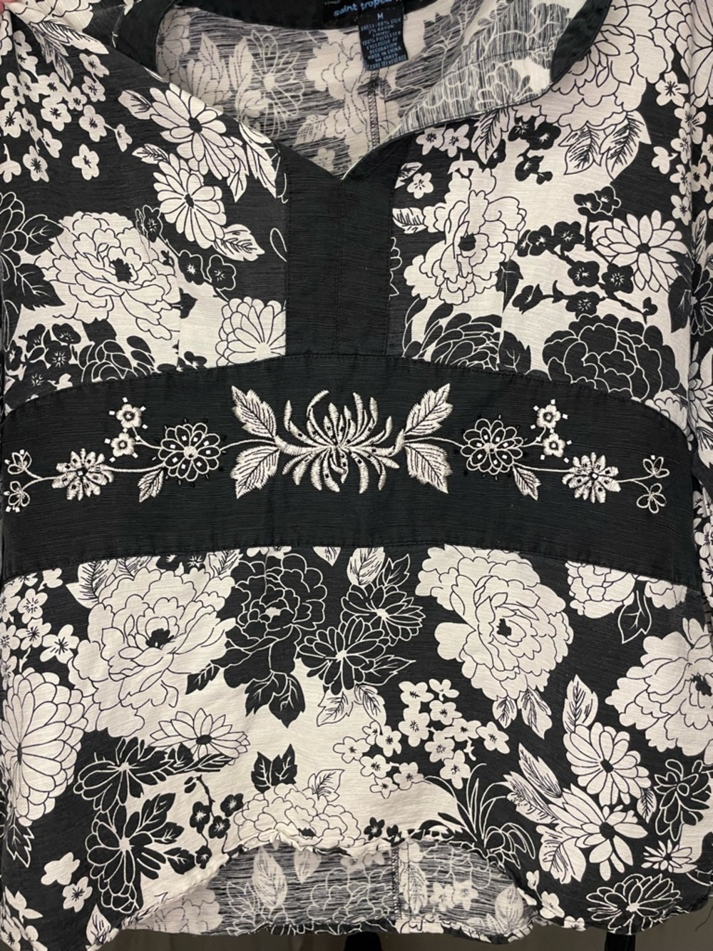 Vintage Y2K Silk Saint Tropez West Black & White Floral Kimono Style Tunic - Picture 6 of 14